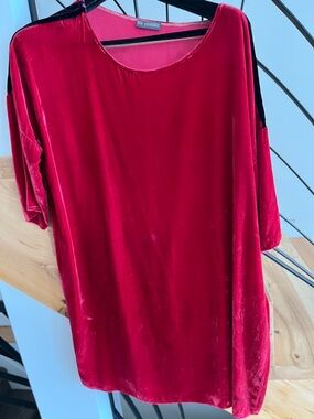 Red Velour Short-Sleeve Tunic Dress